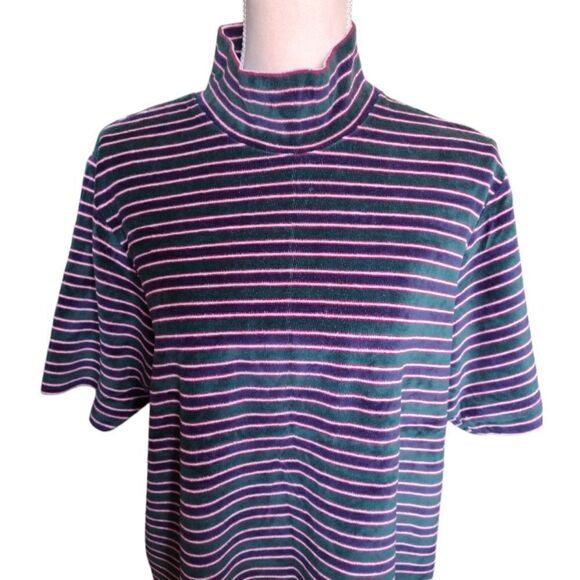 VTG 90s Green Blue Velvet Striped Short Sleeve Mock Top Plussize 18/ 20 - Picture 2 of 11